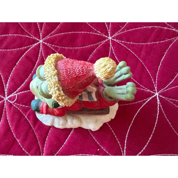 Cute Winter Frog Figurine Sledding Cozy Hat Scarf Christmas Holiday Decor - Picture 4 of 7
